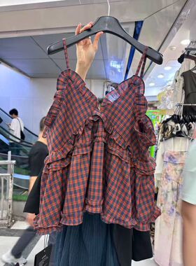 韩国东大门新款时尚复古设计感吊带v领木耳边百搭衬衫上衣