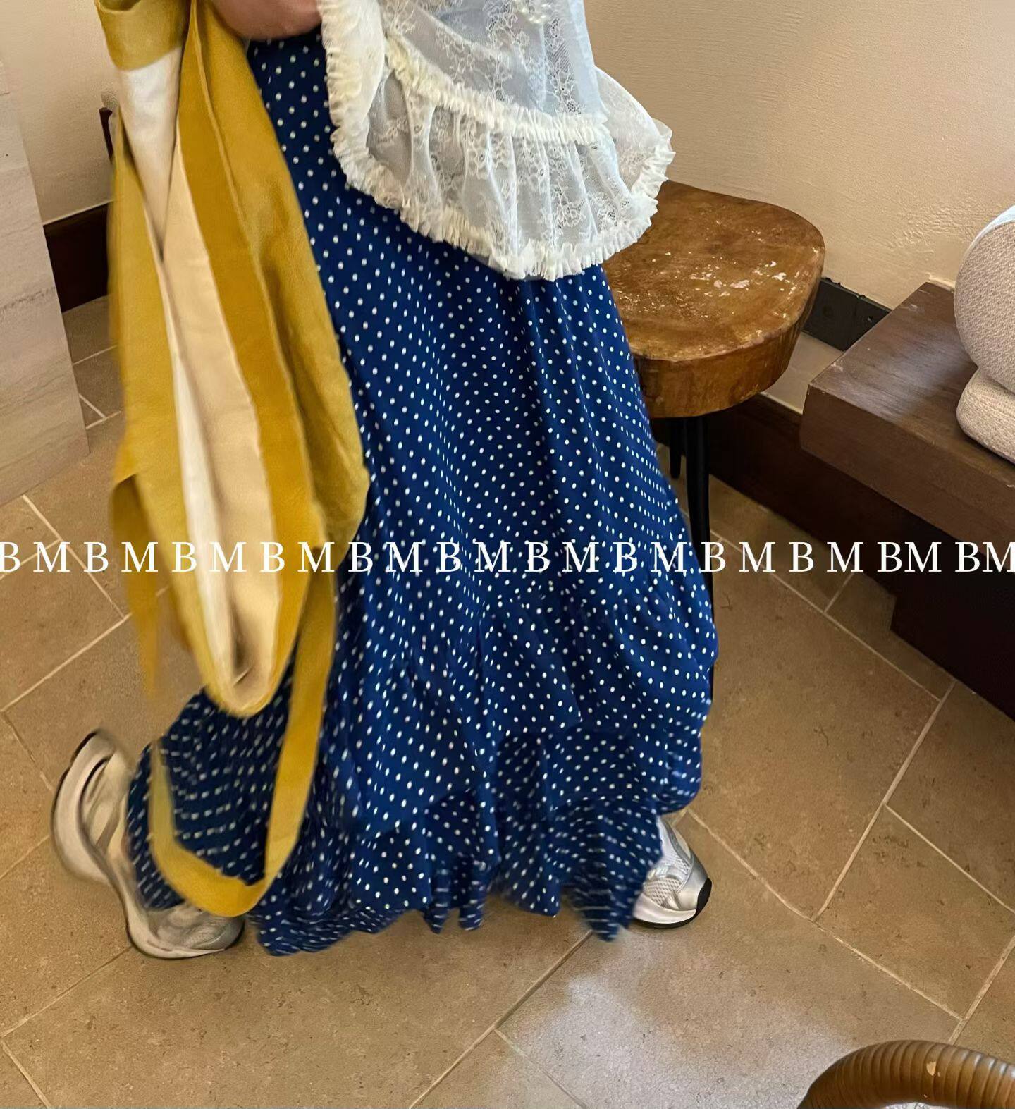 韩国东大门新法式复古印花高腰A字木耳边拼接荷叶边设计感半身裙