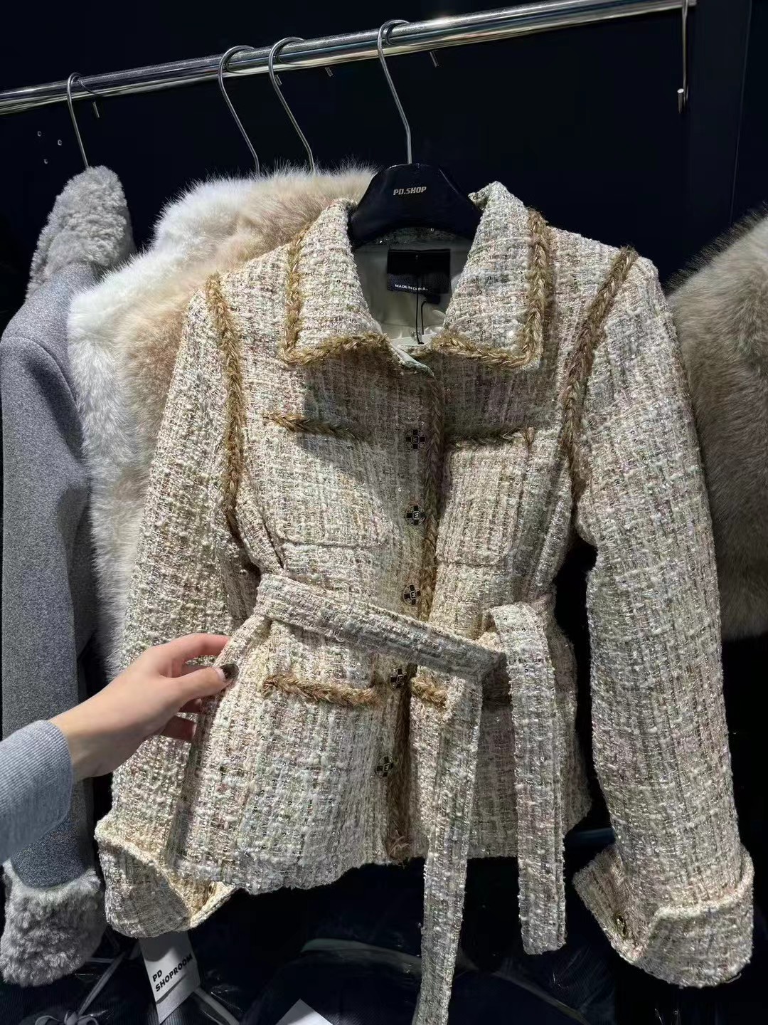 韩国东大门2025冬季新千金粗花呢小香风羽绒内胆小个子外套配腰带