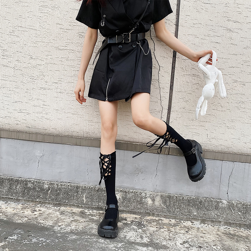 袜子女绑带洛丽塔暗黑纯棉及膝袜