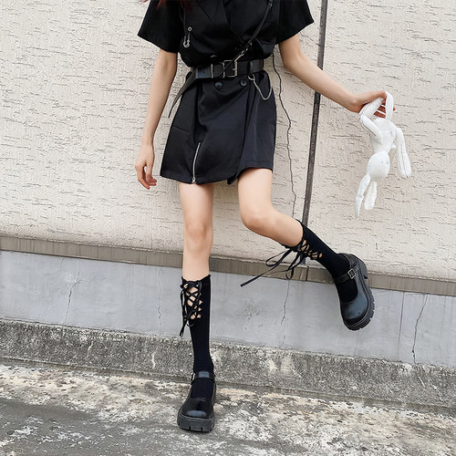 袜子女绑带洛丽塔暗黑纯棉及膝袜