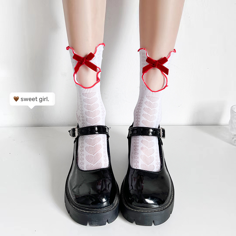 洛丽塔Lolita红色蝴蝶结镂空女袜