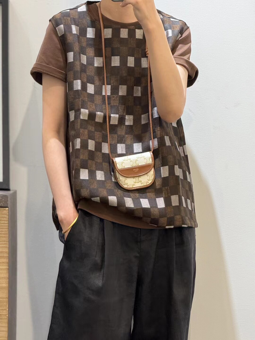 福家 复古新中式悠然诗意 真丝棉香云纱棋盘格肌理背心七分裤套装