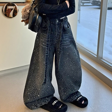 儿童满钻牛仔裤春季新款女童烫钻裤子洋气时髦长裤女孩带钻阔腿裤