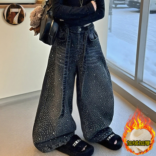 儿童满钻牛仔裤加绒女童烫钻裤子冬季新款洋气时髦女孩带钻阔腿裤