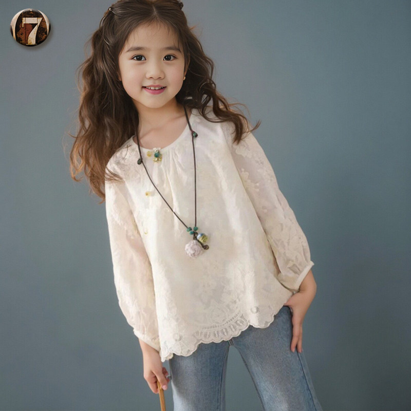 女童新中式国风衬衫2026春秋款儿童蕾丝长袖内搭中大童盘扣打底衫