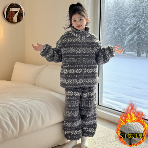 韩版女童加绒加厚珊瑚绒睡衣冬季保暖家居服套装女大童棉衣两件套