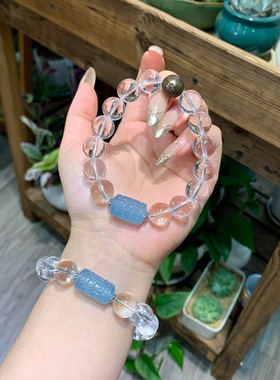 天然白水晶手链加海蓝宝回纹珠男女款送亲朋佳礼