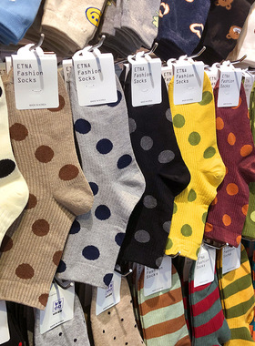 ETNA韩国秋冬新631美拉德大波点女士袜子英伦风复古圆点中筒棉袜