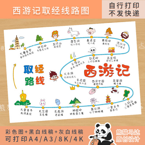 274熊猫马达 西游记取经线路图手绘思维导图五年级语文手抄报线稿