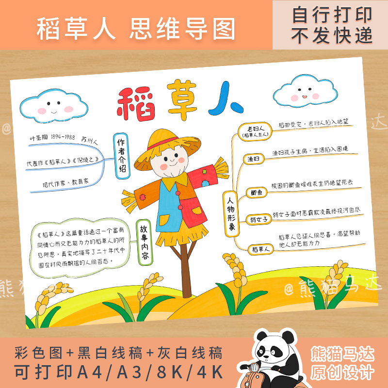 284熊猫马达 稻草人思维导图三年级上阅读思维导图读书手抄报线稿