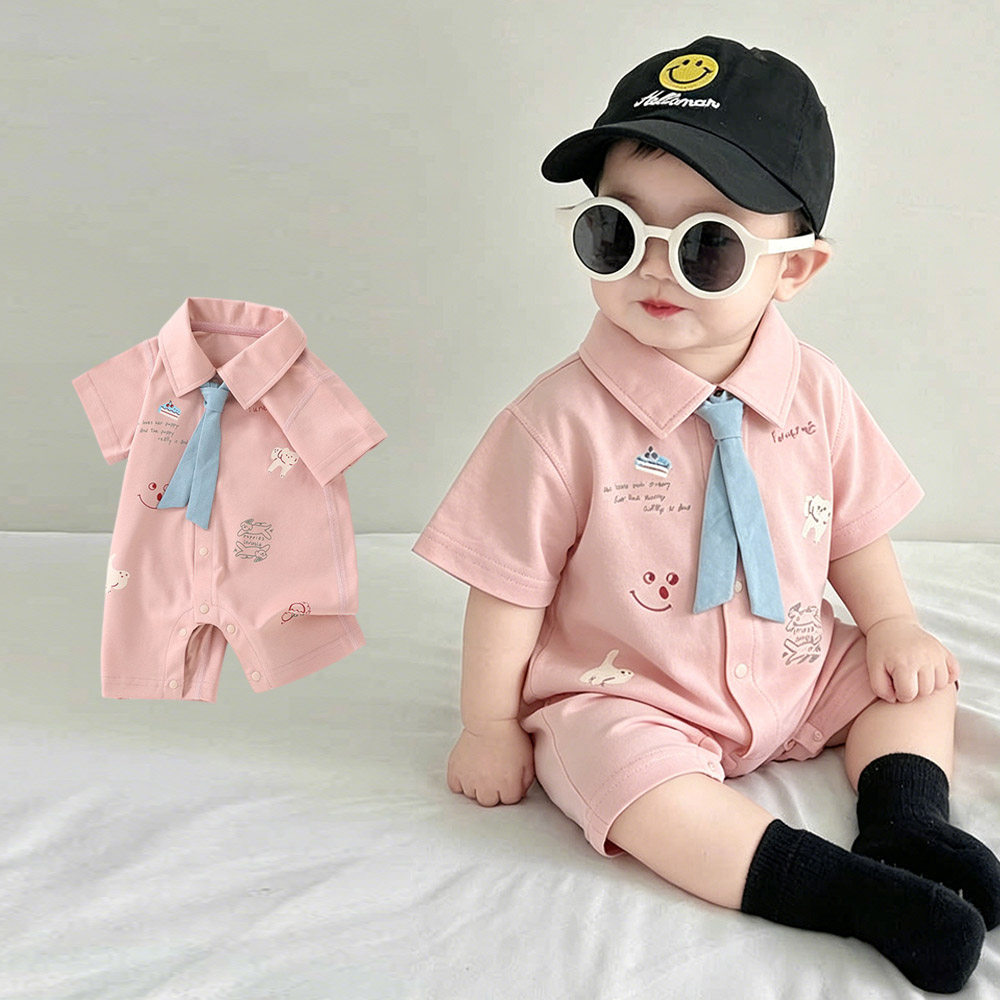 夏季男宝宝生日宴衣服婴儿短袖连体衣夏装周岁百天小月龄哈衣爬服