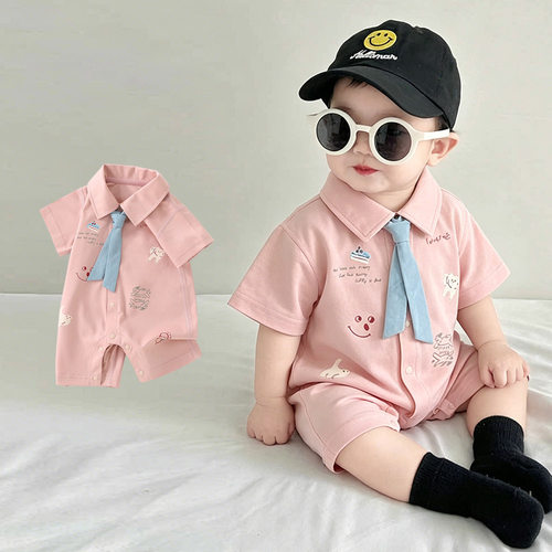 夏季男宝宝生日宴衣服婴儿短袖连体衣夏装周岁百天小月龄哈衣爬服