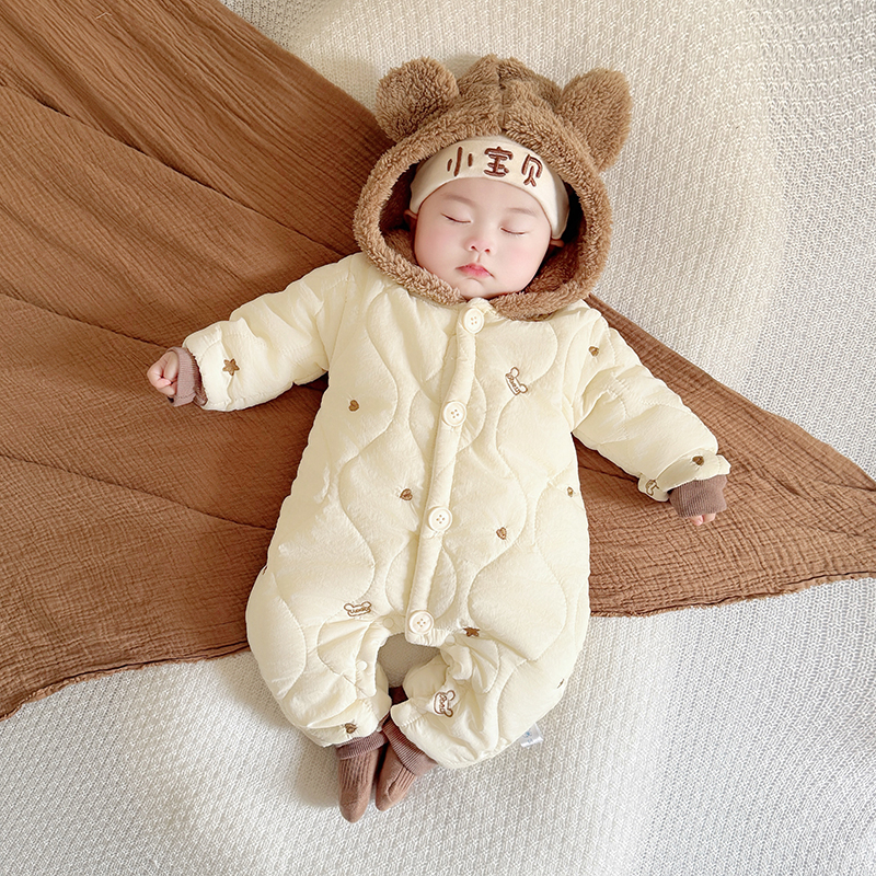 婴儿秋冬衣服宝宝加绒薄棉连体衣保暖锁温0-16个月外出服韩版爬服