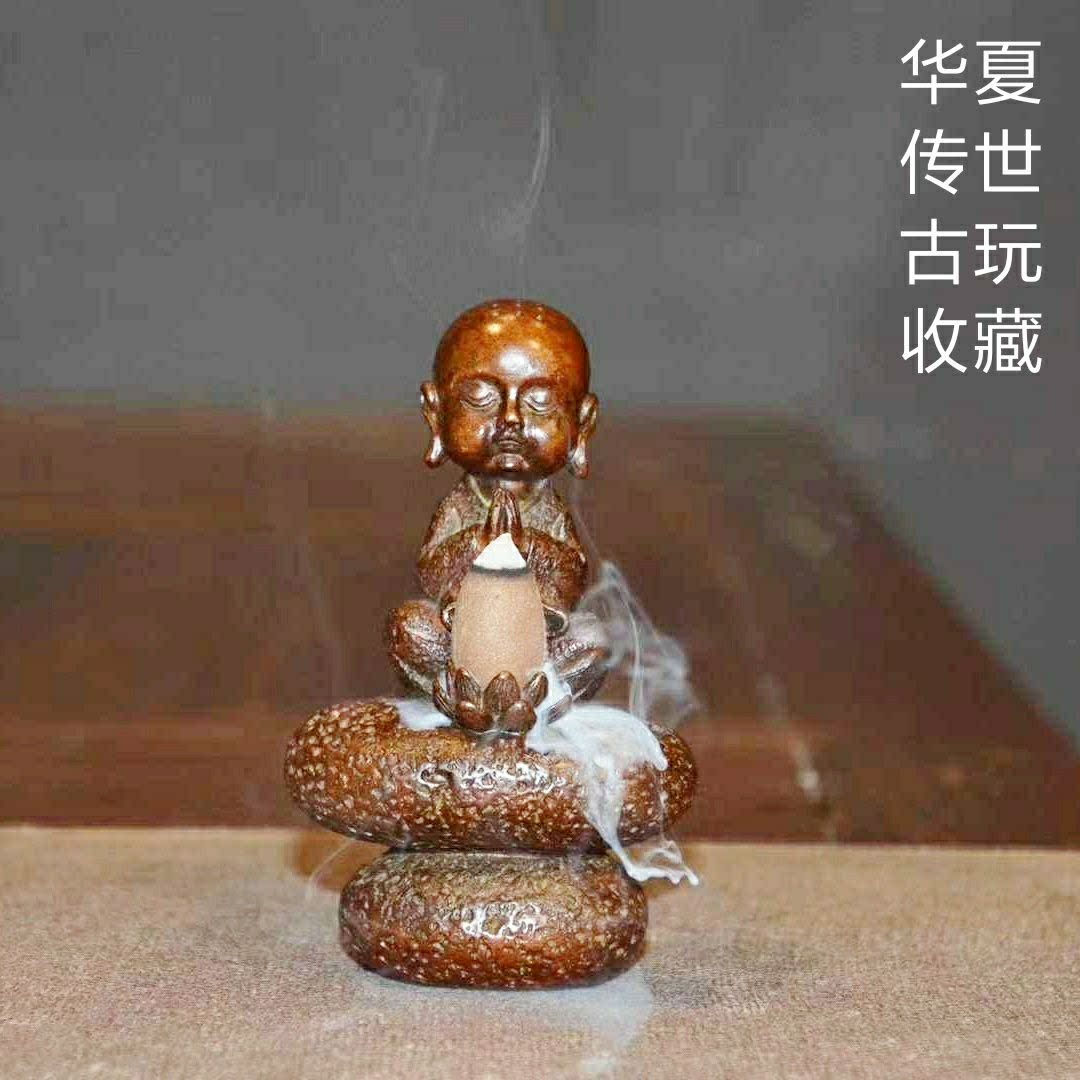 实心纯铜小和尚打坐坐禅莲花香插佛像小摆件铜茶宠仿古古玩小铜器