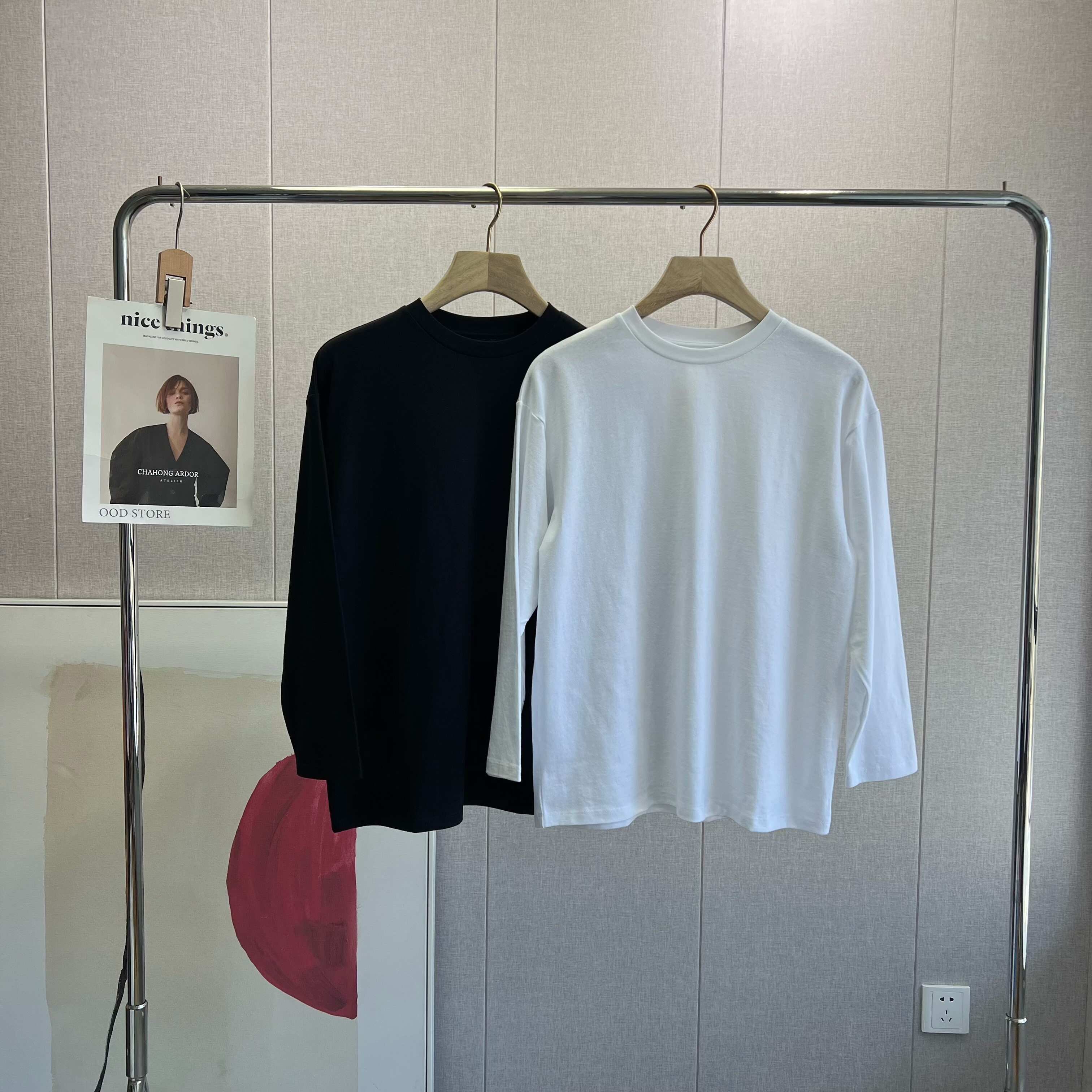 简约松弛！休闲百搭纯色透气全棉澳棉长袖落肩宽松圆领T恤女秋