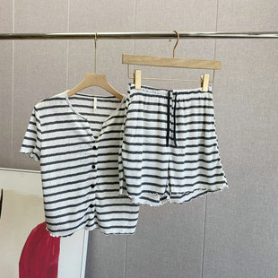 短裤 薄款 慵懒风家居服睡衣条纹短袖 透气 V领两件套宽松女 夏季