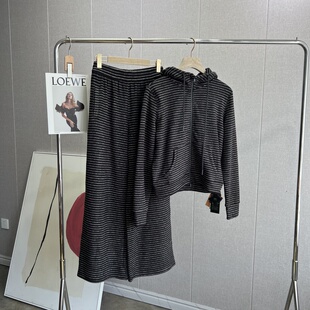 女 套装 绵羊毛 桑蚕丝醋酸软糯亲肤高品质舒适运动条纹连帽休闲裤