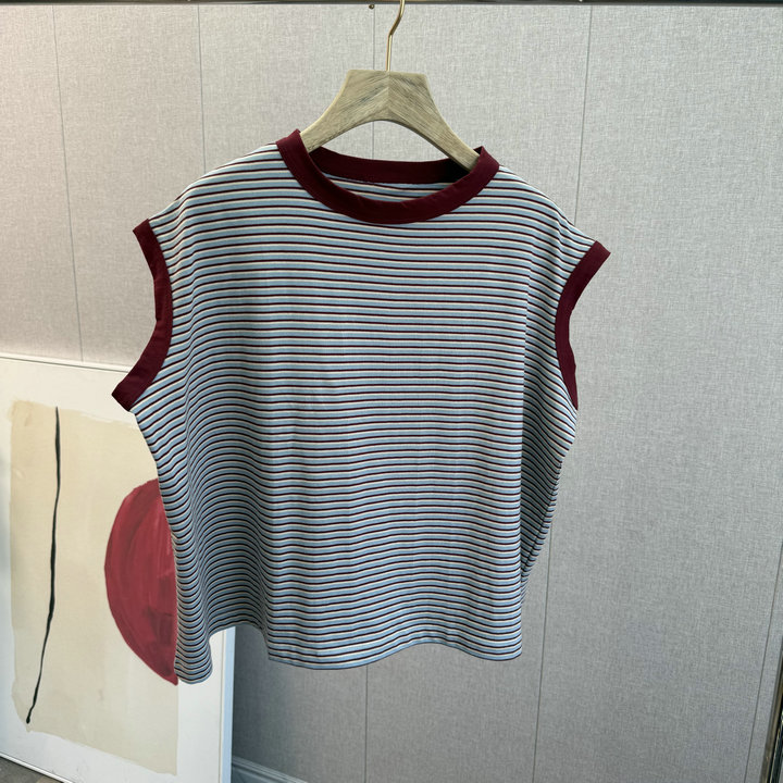 小众舒适感强全棉高级果酱红细条纹T恤女休闲宽松薄款短袖上衣女