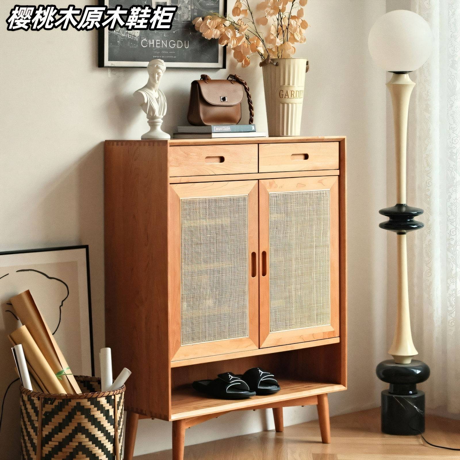 全实木樱桃木原木鞋柜家用入户门口玄关客厅过道隔断收纳储物鞋橱
