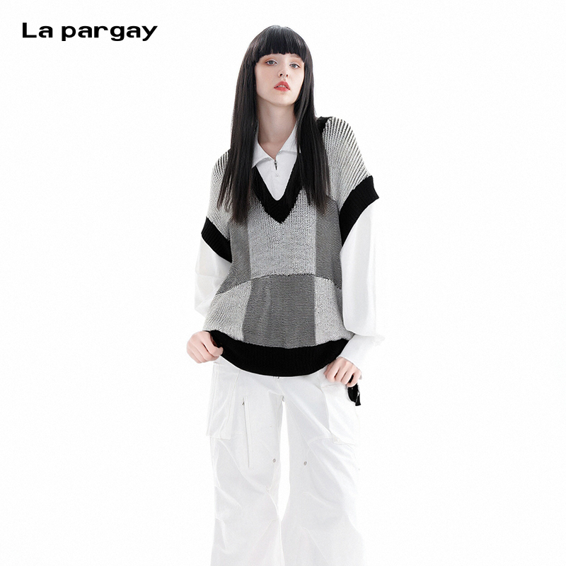 La pargay纳帕佳长袖衬衣拼接针织衫2025秋季新款女士不对称上衣