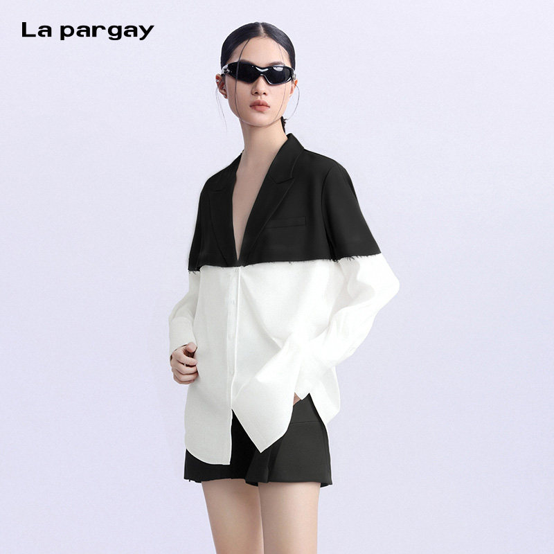La pargay纳帕佳100%亚麻长袖衬衫拼接西装2026春季新款休闲上衣