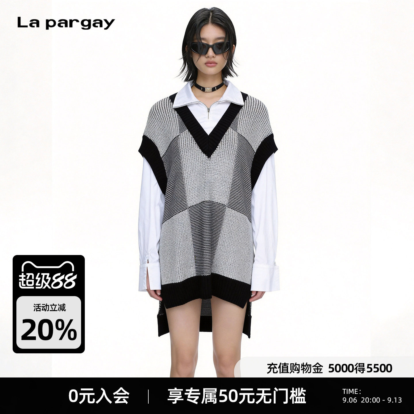 Lapargay黑白肌理针织马甲 半拉链翻领衬衫 叠穿假两件L66308253C