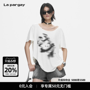 Lapargay 慵懒松弛感上衣 斜肩链条点缀 做旧人像印花 L78200212V