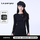 T恤女2026春季 新款 黑色个性 纳帕佳套头圆领长袖 休闲百搭修身 上衣