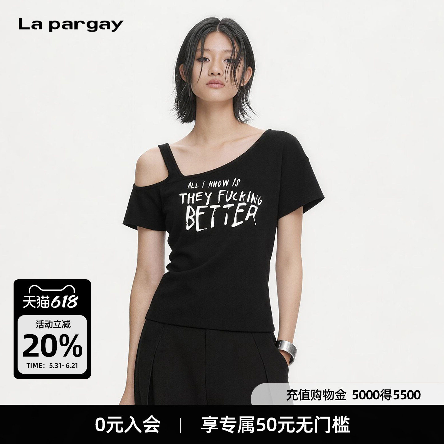 纳帕佳个性设计单肩t恤衫2026新款时尚潮牌斜肩纯棉短袖针织衫