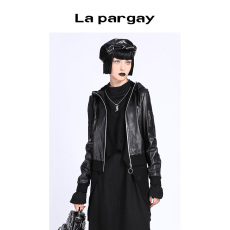 Кожаная куртка lapargay纳帕佳2020新款女装黑色外套连帽长袖皮外套休闲宽松皮衣