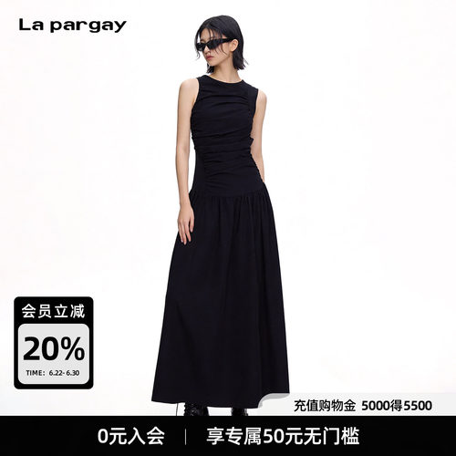 Lapargay无袖褶皱收腰小黑长裙
