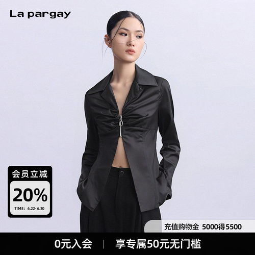 La pargay纳帕佳纯棉长袖衬衫2026春季新款女士黑色个性修身上衣