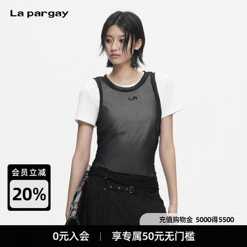 Lapargay网纱微透修身褶皱T恤