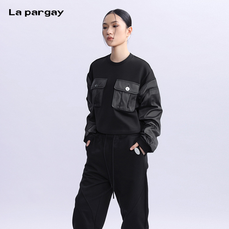 La pargay纳帕佳针织拼接纯棉卫衣2025秋季新款女士个性长袖上衣