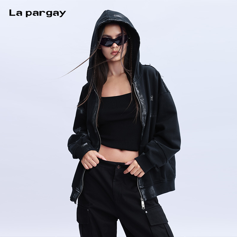 La pargay纳帕佳宽松纯棉长袖连帽外套女2025新款个性设计感上衣