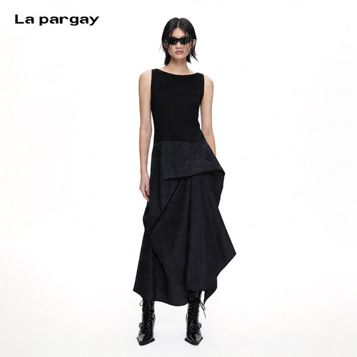 Lapargay一字领解构褶皱连衣裙