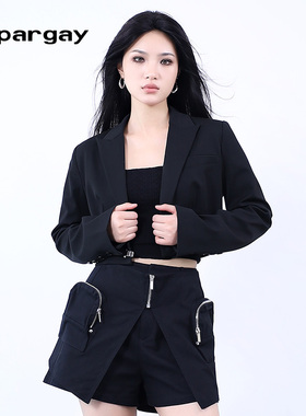 纳帕佳长袖驳领短款西装2025春季新款女式黑色个性时尚设计感上衣