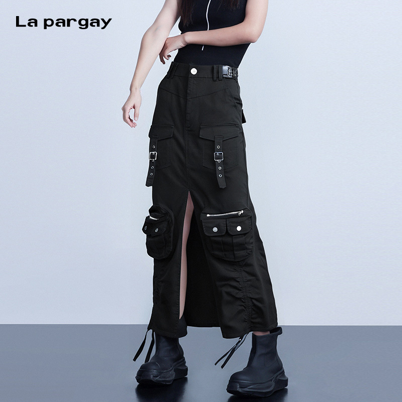La pargay纳帕佳多口袋开衩半身裙女2025新款个性休闲中长款裙子