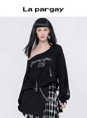 纳帕佳2025年春季新品黑色挂脖式印花套头卫衣个性宽松时尚长袖衫