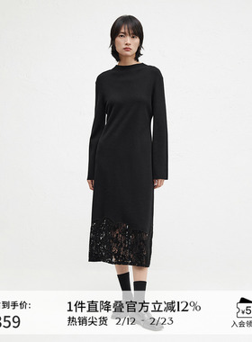 播商场同款高腰圆领连衣裙24冬新款蕾丝拼接A字摆裙子BDR4LD3435