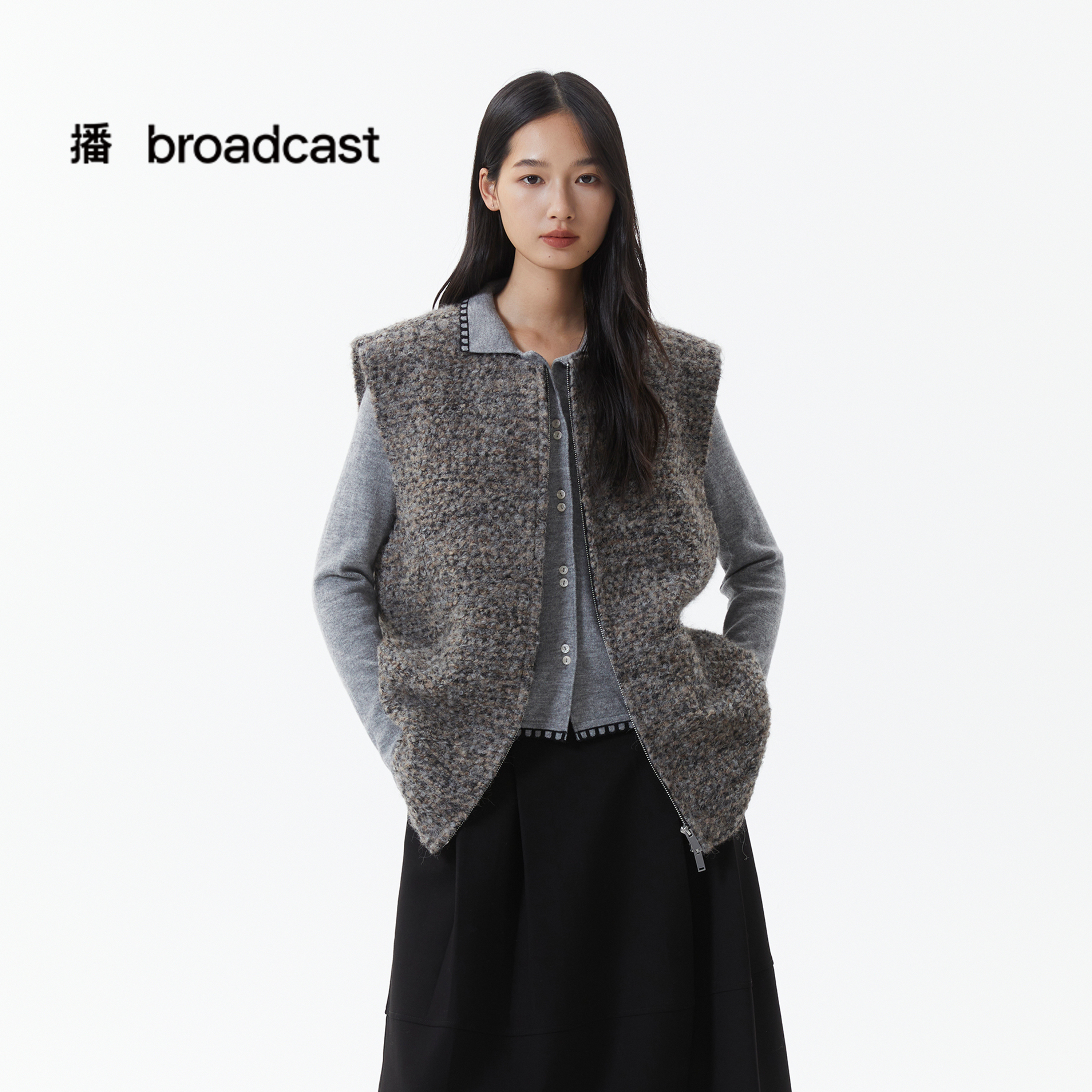 【羊毛】播简约圆领马甲女25冬季新款叠穿拉链外套DDS4MD5304