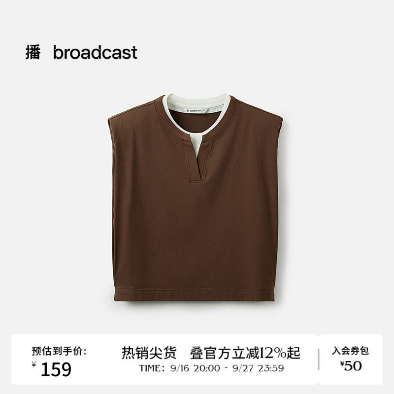 播夏季无袖圆领T恤女假两件宽松洋气上衣BDS7YD4506图片