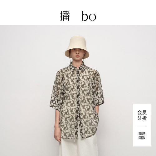 播bo泡泡纱复古印花短袖衬衫