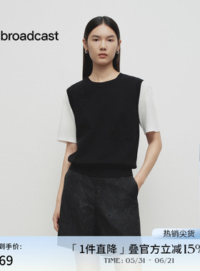 播商场同款黑白拼接针织短袖女春季新款提花韩系上衣BDS1SD1262