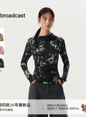 播商场同款晕染印花长袖T恤女26春季新品堆领打底衫BDT1YD1234