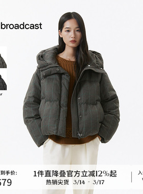 播格纹连帽短款龟背羽绒服女冬季时髦宽松保暖外套DDS4RD5230