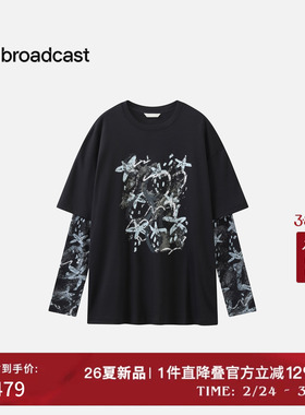 播假两件宽松长袖T恤女26夏季新款休闲印花上衣DDT1YD55051