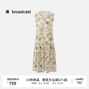播26秋新品V领麻感无袖连衣裙女轻薄田园风印花长裙DDT3LD1020