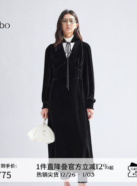 播 bo 商场同款丝绒复古镂空V领连衣裙女商场同款长裙BDR1LD2146